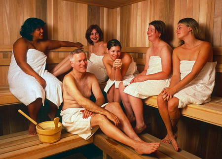 Ssh.Com CEO enjoying the  company sauna with employees, for Newsweek